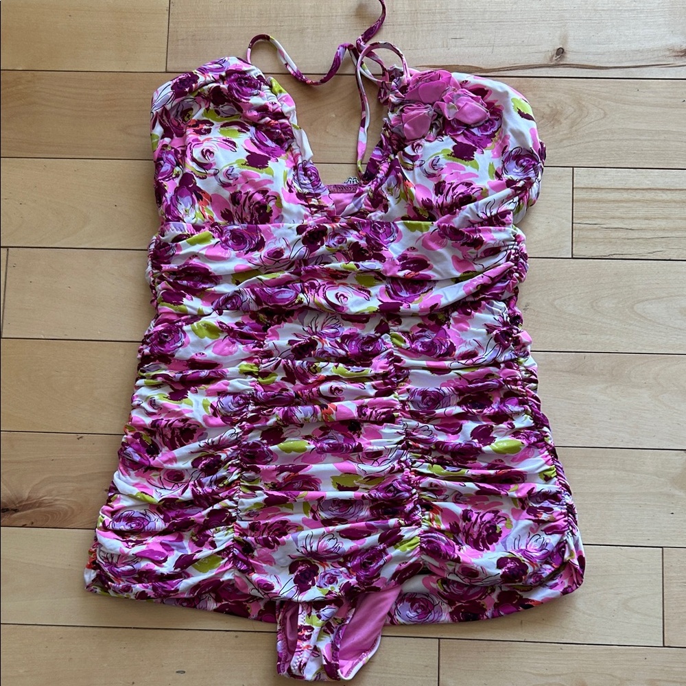 Nanette Lepore Pink Floral Ruched One-Piece Swimdress